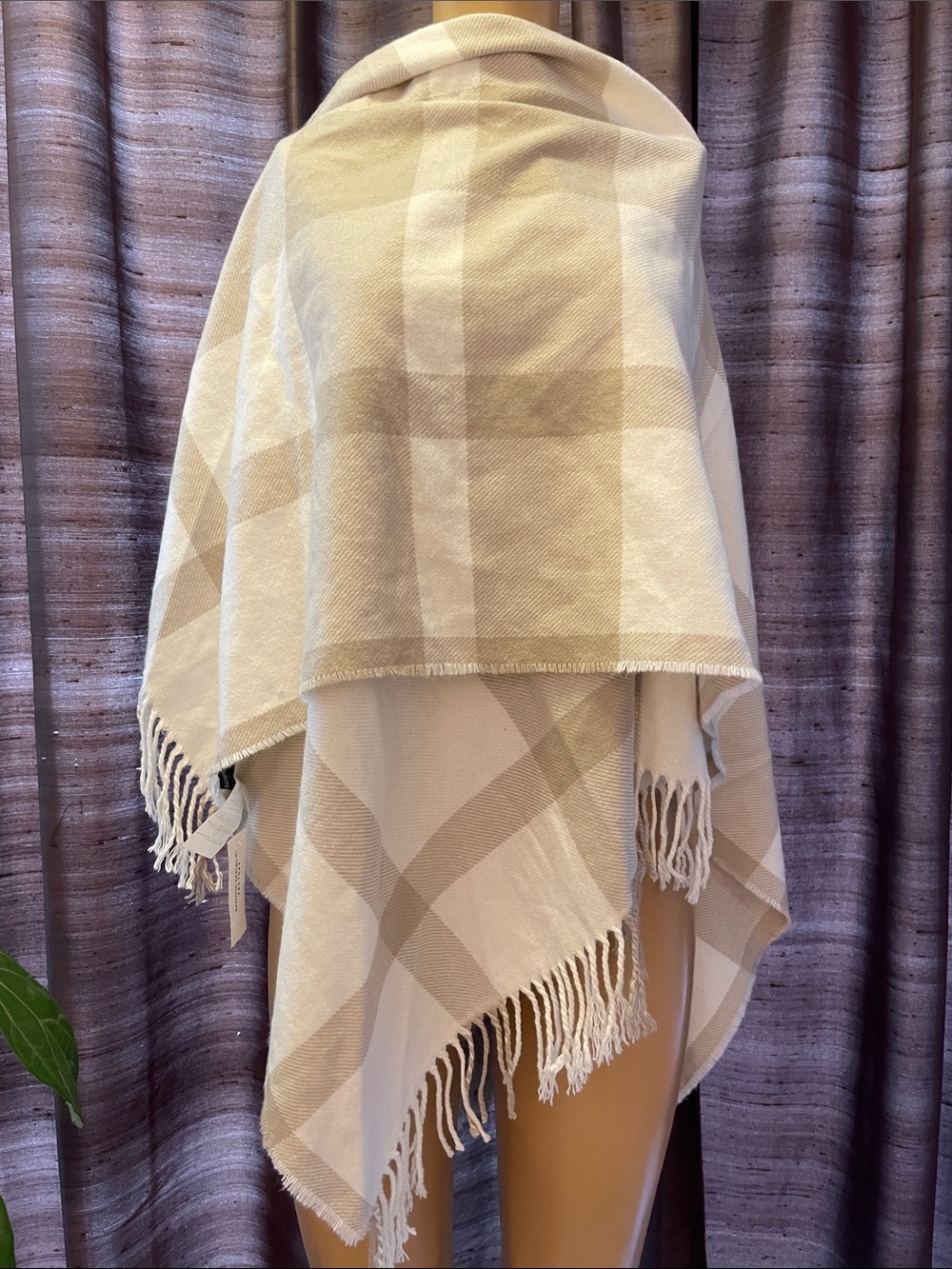 Banana Republic Factory Neutral Plaid Fringe Throw/Poncho